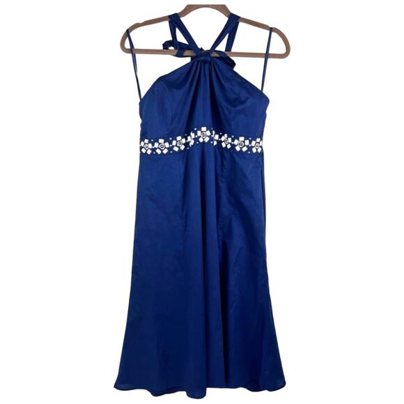 Ann Taylor LOFT Blue Halter Dress, White Beaded Belt Accent, Size 12 - Picture 9 of 11